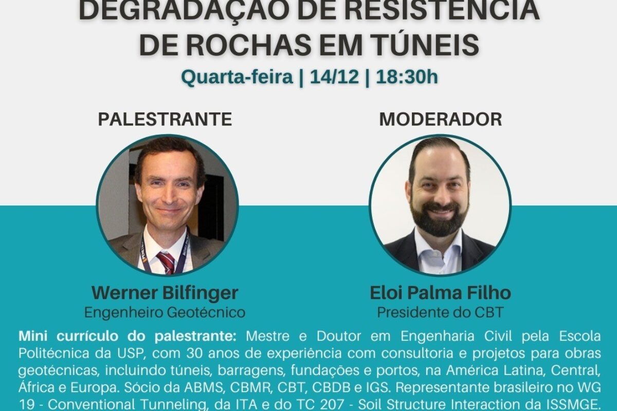 Palestra CBMR em parceria com o Comitê Brasileiro de Túneis (CBT), dia 14/12, as 18h30. “Degradação de Resistência de Rochas em Túneis”